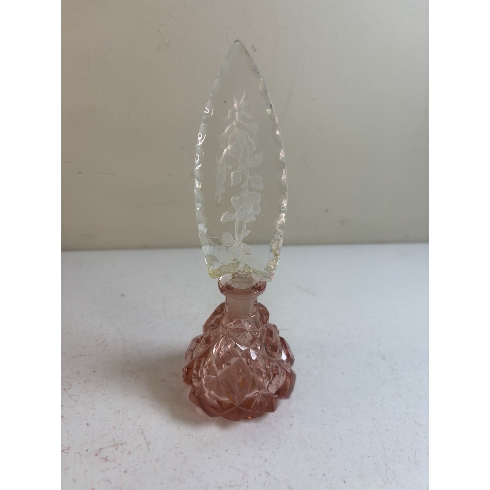 Vintage Irice Czech Perfume Bottle Pink Base Clear Flowers Stopper